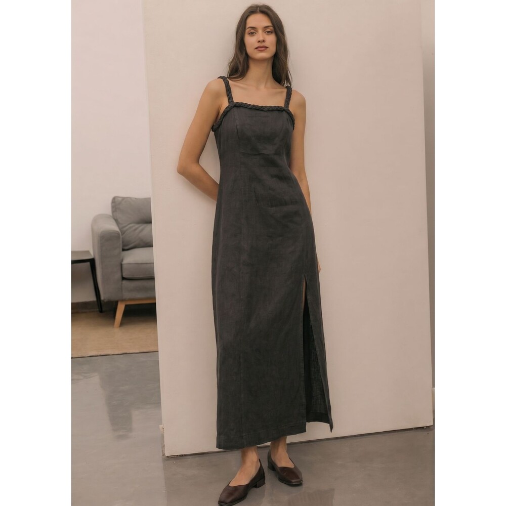 Urban Outfitters Black Linen Blend Smocked Midi Dress Side Slit XS‎ Sundress